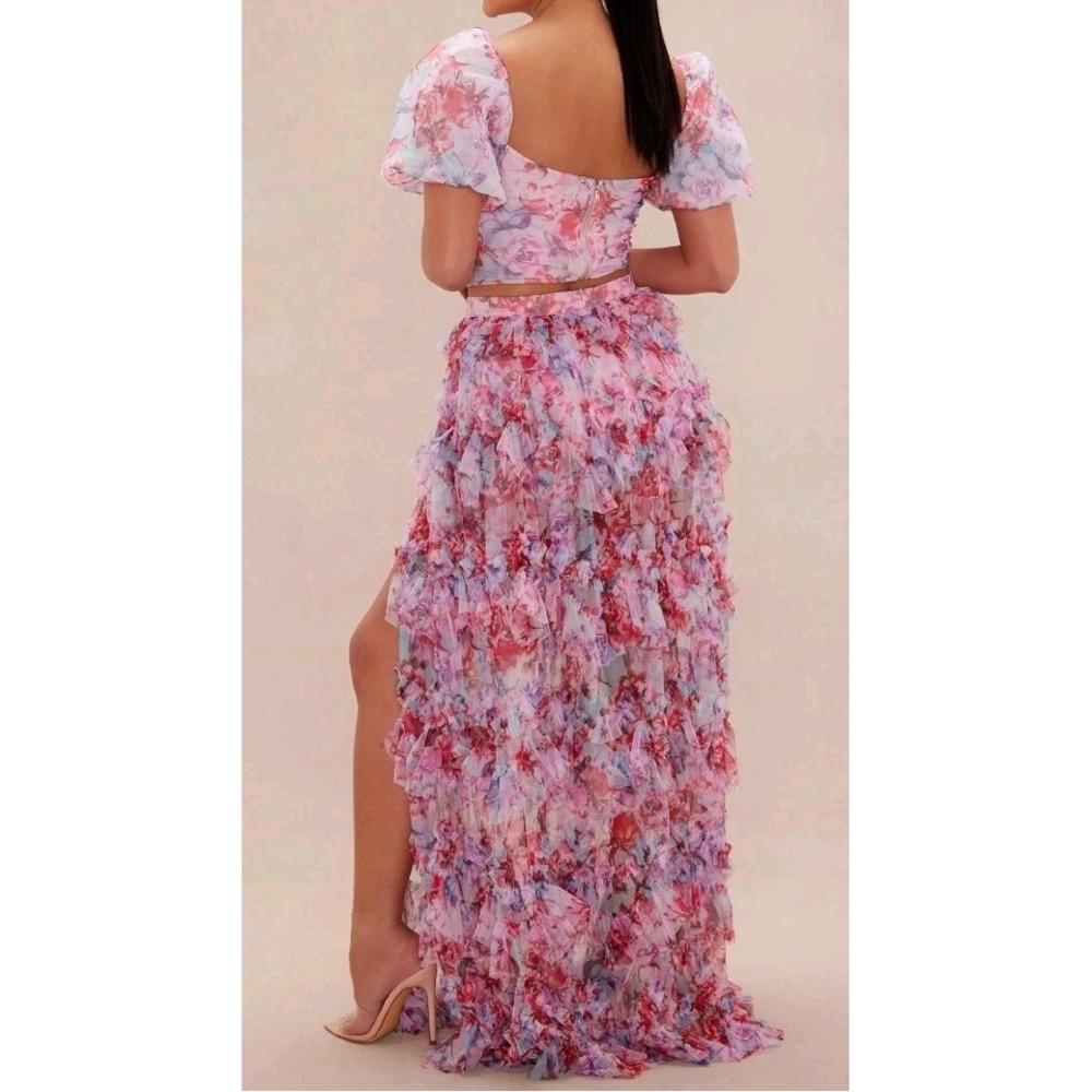 Nova Luxe Carmencita Chiffon Skirt Set Medium Pink Floral Ruffled Poof Sleeves - Picture 2 of 9